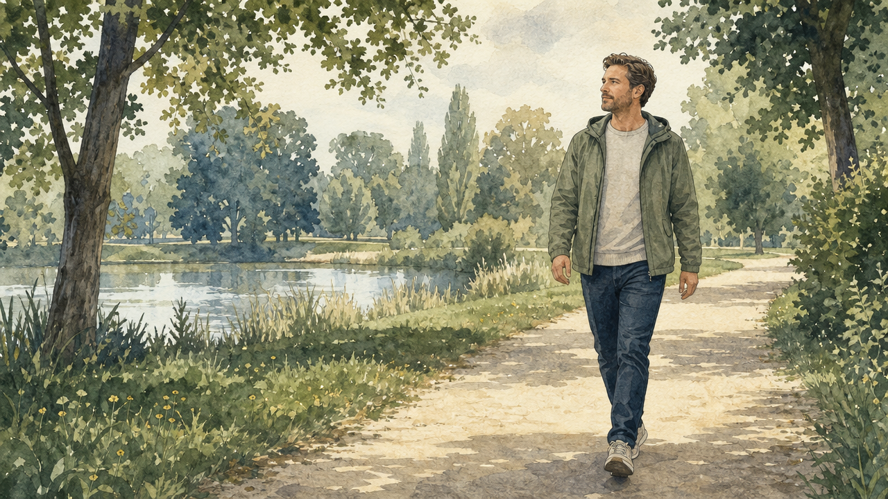 Een man wandelt over een rustig pad in een groen park